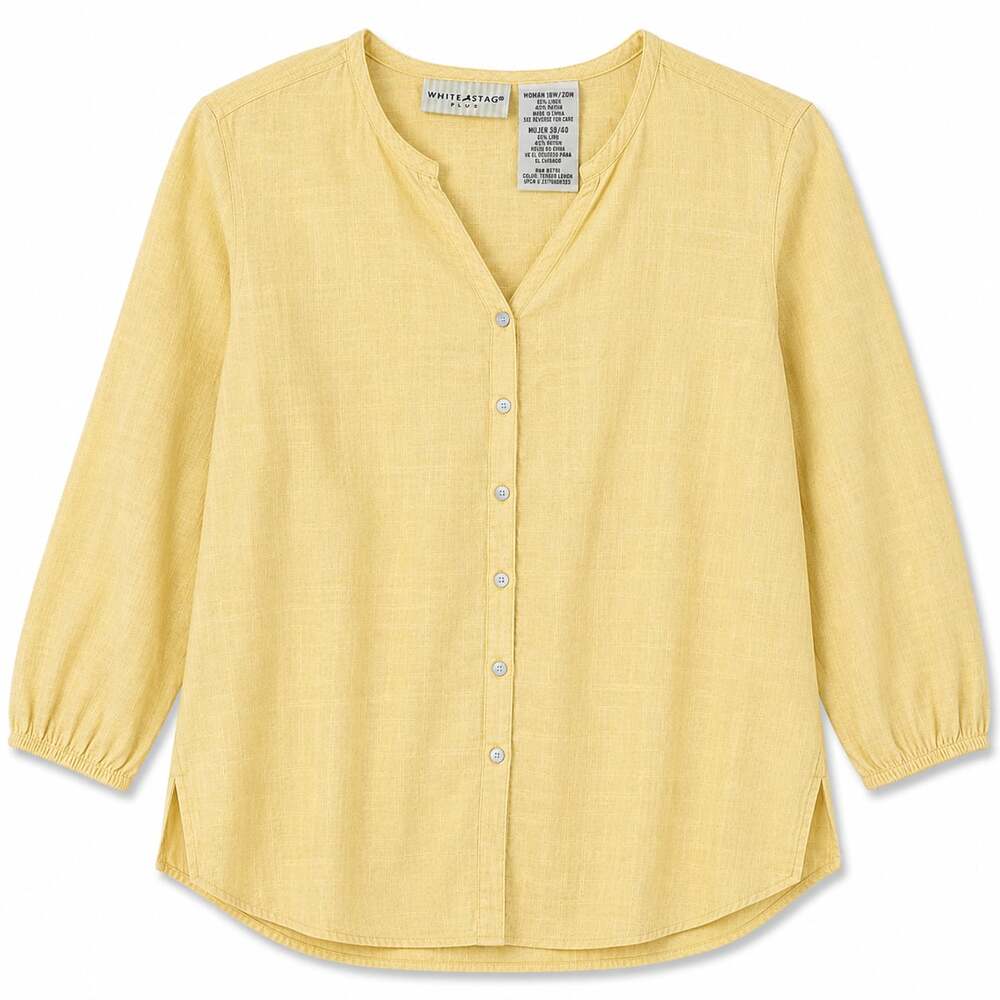 White Stag Plus Women's Yellow Linen-Blend V-Neck Button-Up Blouse